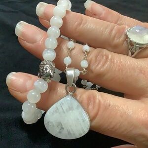 Moonstone necklace with pendant, moonstone  ring size 7 and bracelet
